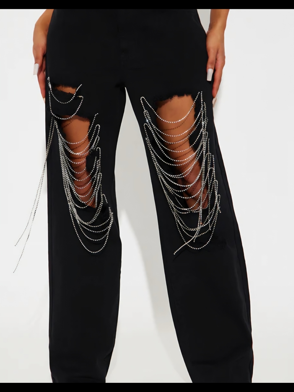 Wide-Leg Jeans Rhinestone Chain Detail - Picture 3 of 3